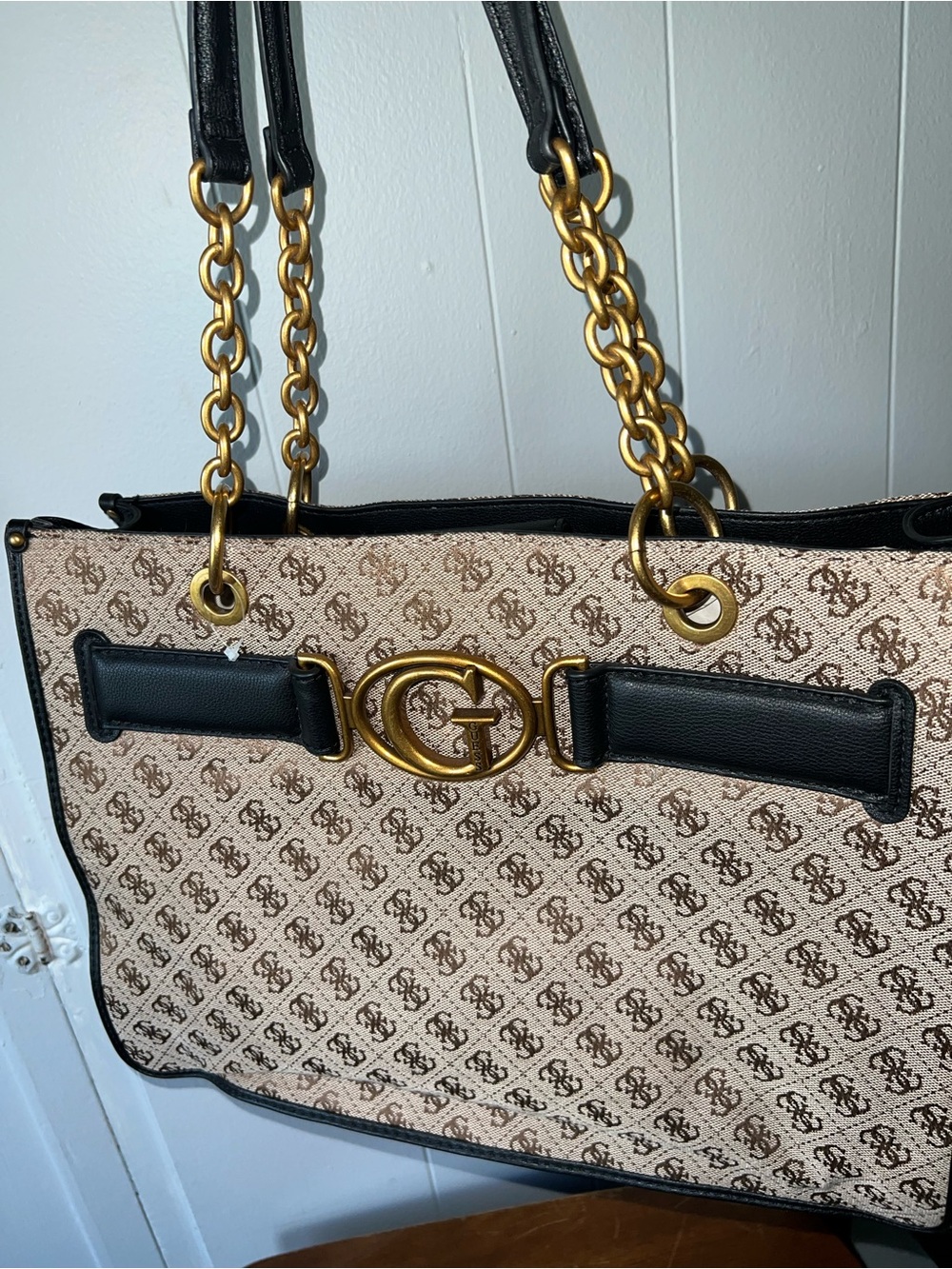 Source Unknown Beige and Black Monogram Tote with Gold Chain Hardware